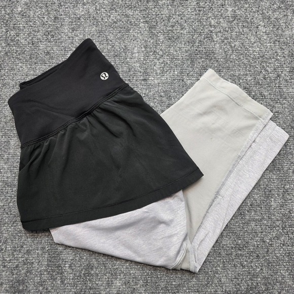 Lululemon Pants - Lululemon 2-in-1 Skirted Crop Leggings Grey Black Mesh Size 6 Yoga Running